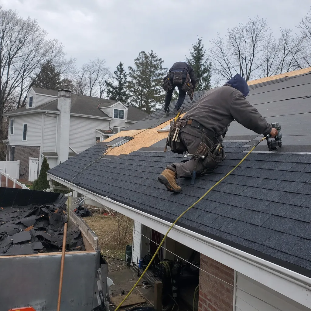 Two professional roofers installing new asphalt shingles on a residential roof