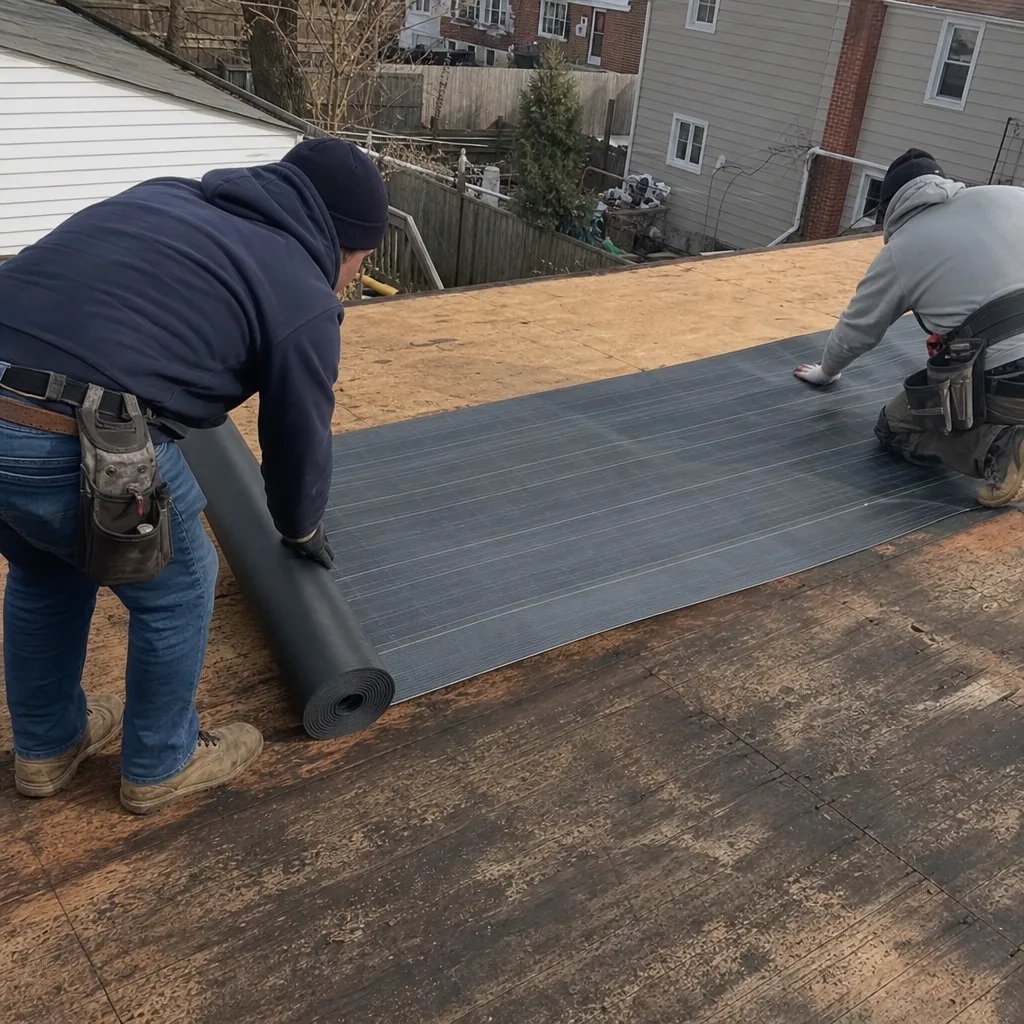Two professional roofers installing roofing underlayment on a residential roof
