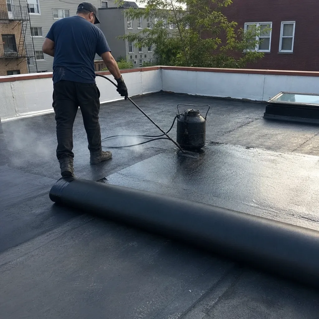 professional roofing contractor installing flat roof membrane with propane torch